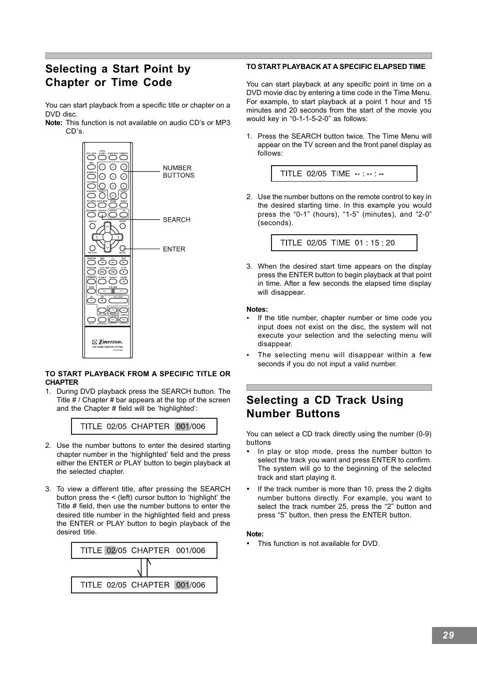 Selecting a cd track using number buttons, Selecting a start point by chapter or time code | Emerson Radio AV101 User Manual | Page 30 / 50