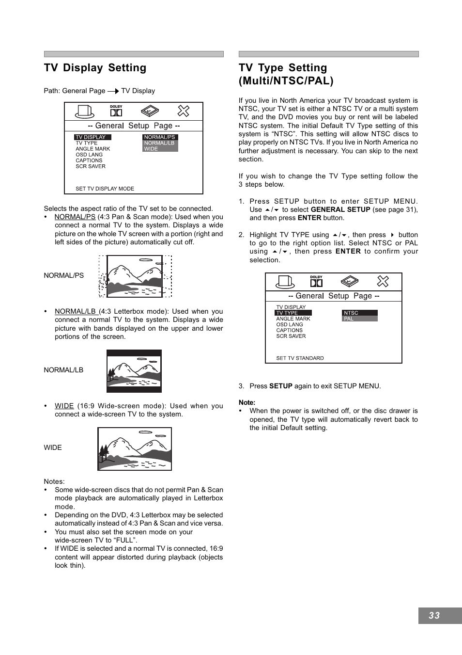 Tv display setting, Tv type setting (multi/ntsc/pal) | Emerson Radio AV101 User Manual | Page 34 / 50