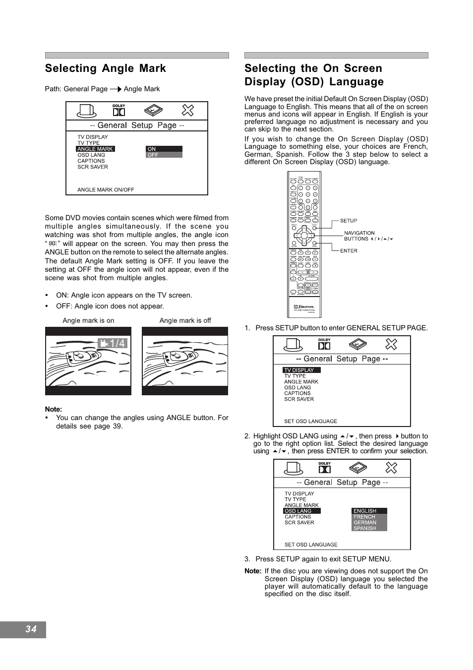 Selecting the on screen display (osd) language, Selecting angle mark | Emerson Radio AV101 User Manual | Page 35 / 50