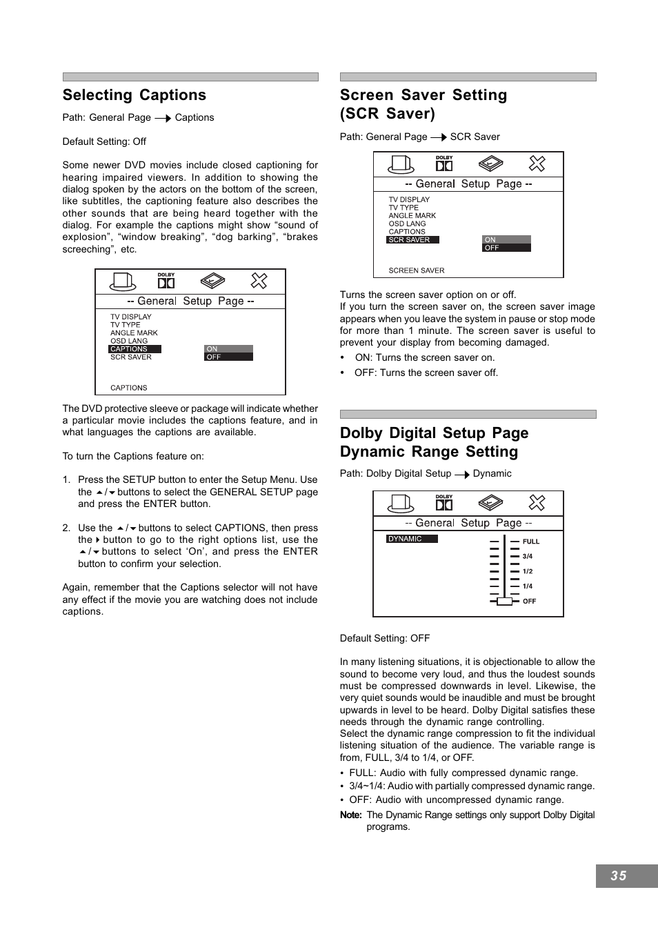 Screen saver setting (scr saver), Dolby digital setup page dynamic range setting, Selecting captions | Emerson Radio AV101 User Manual | Page 36 / 50