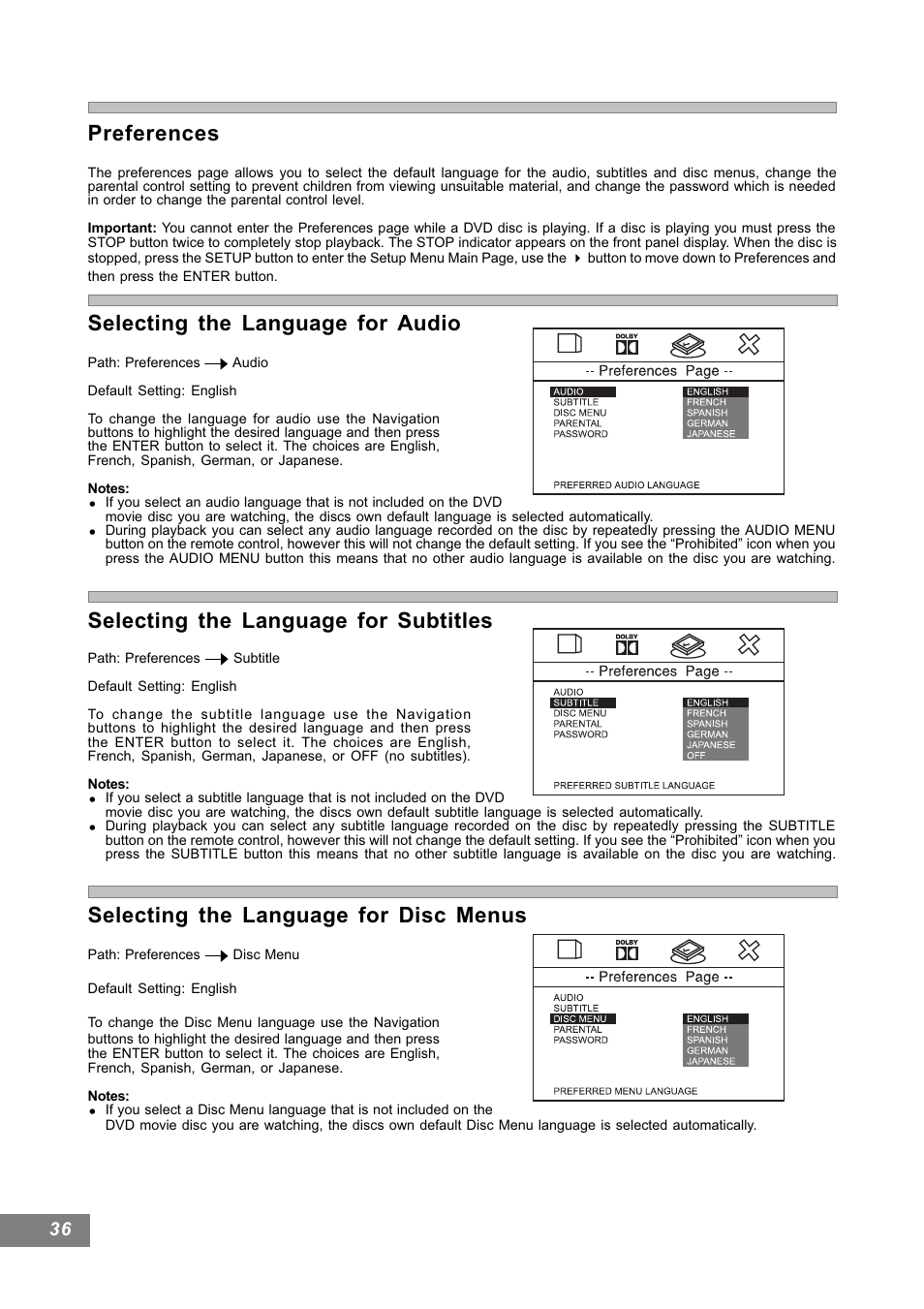 Preferences, Selecting the language for audio, Selecting the language for subtitles | Selecting the language for disc menus | Emerson Radio AV101 User Manual | Page 37 / 50