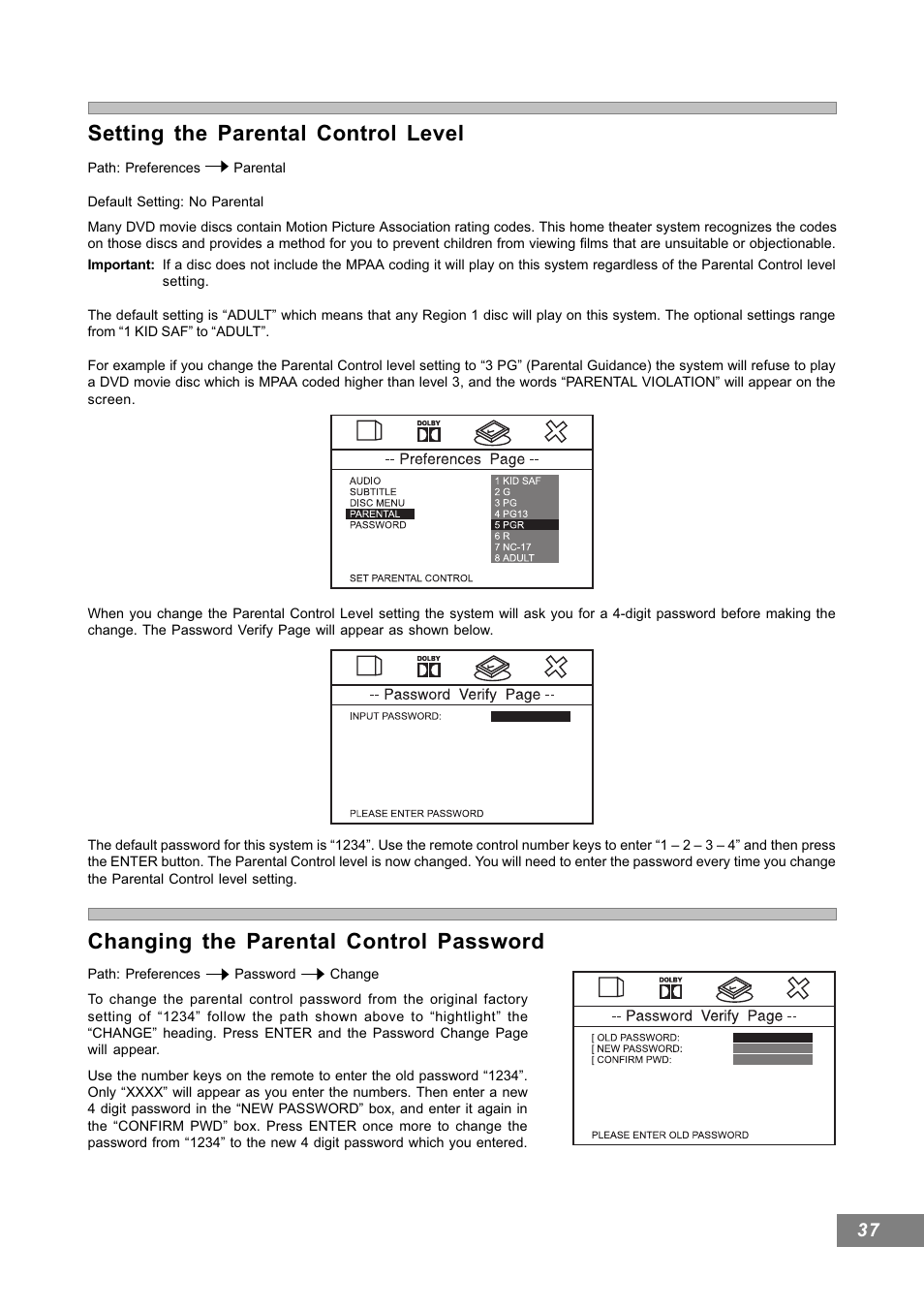 Setting the parental control level, Changing the parental control password | Emerson Radio AV101 User Manual | Page 38 / 50