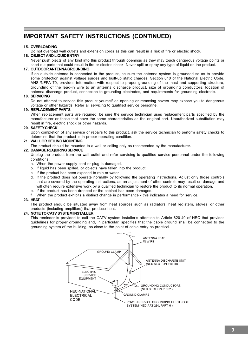 Important safety instructions (continued) | Emerson Radio AV101 User Manual | Page 4 / 50