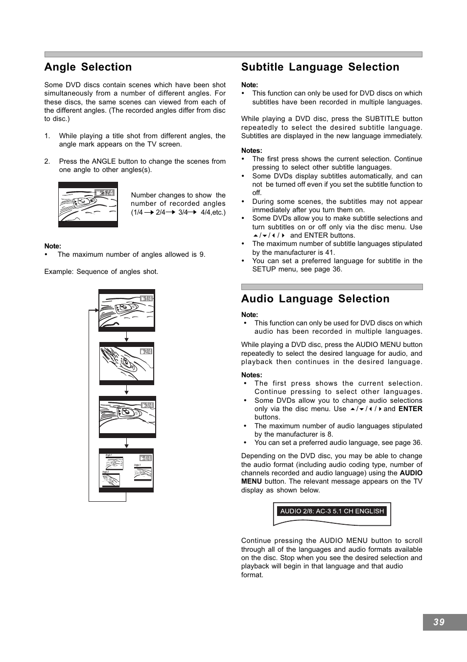 Subtitle language selection, Audio language selection, Angle selection | Emerson Radio AV101 User Manual | Page 40 / 50