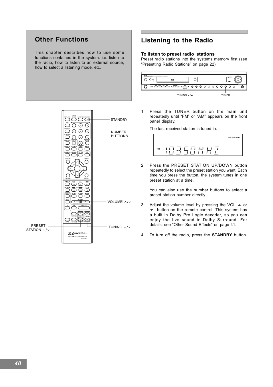 Listening to the radio, Other functions | Emerson Radio AV101 User Manual | Page 41 / 50