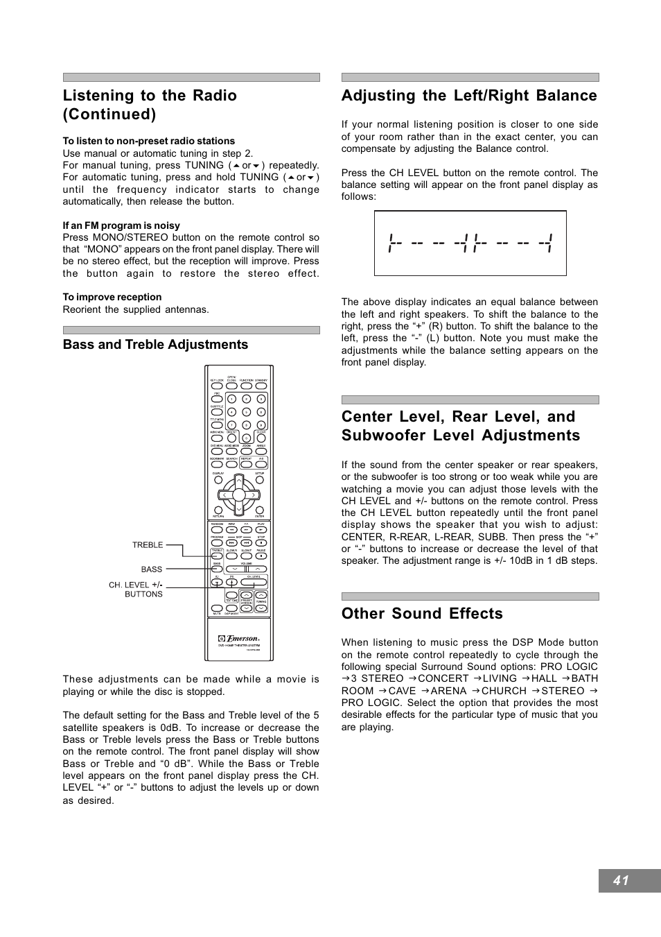 Adjusting the left/right balance, Other sound effects, Listening to the radio (continued) | Bass and treble adjustments | Emerson Radio AV101 User Manual | Page 42 / 50