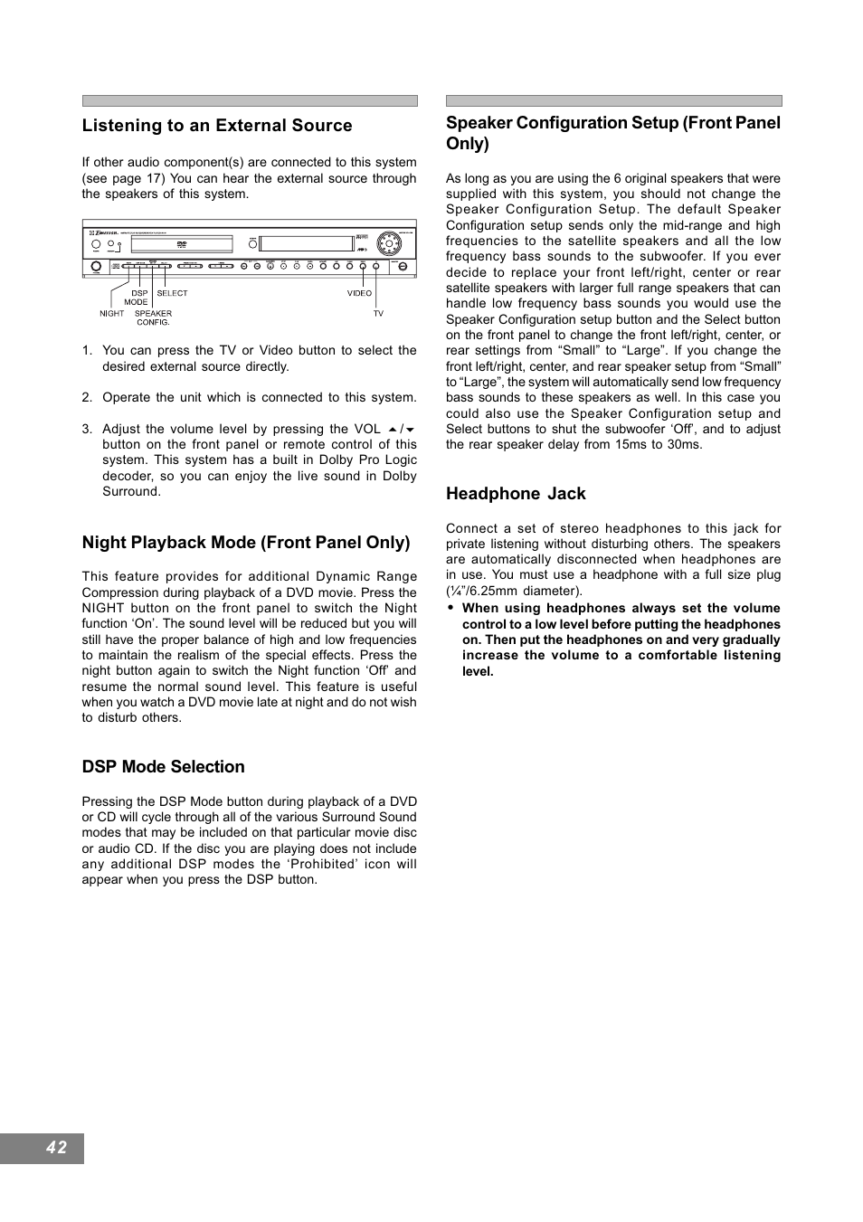 42 listening to an external source, Night playback mode (front panel only), Dsp mode selection | Speaker configuration setup (front panel only), Headphone jack | Emerson Radio AV101 User Manual | Page 43 / 50