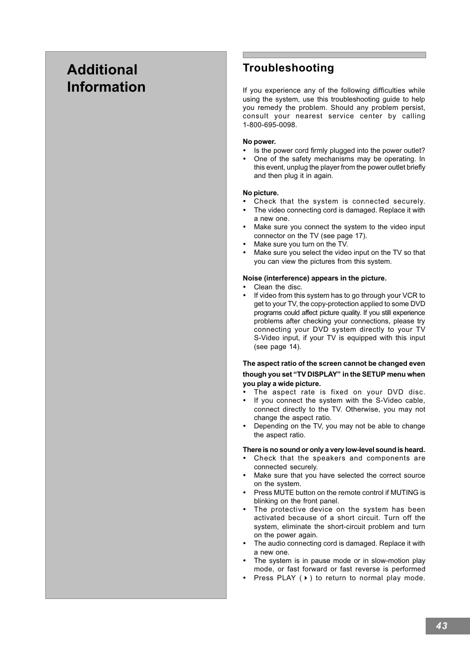 Additional information, Troubleshooting | Emerson Radio AV101 User Manual | Page 44 / 50