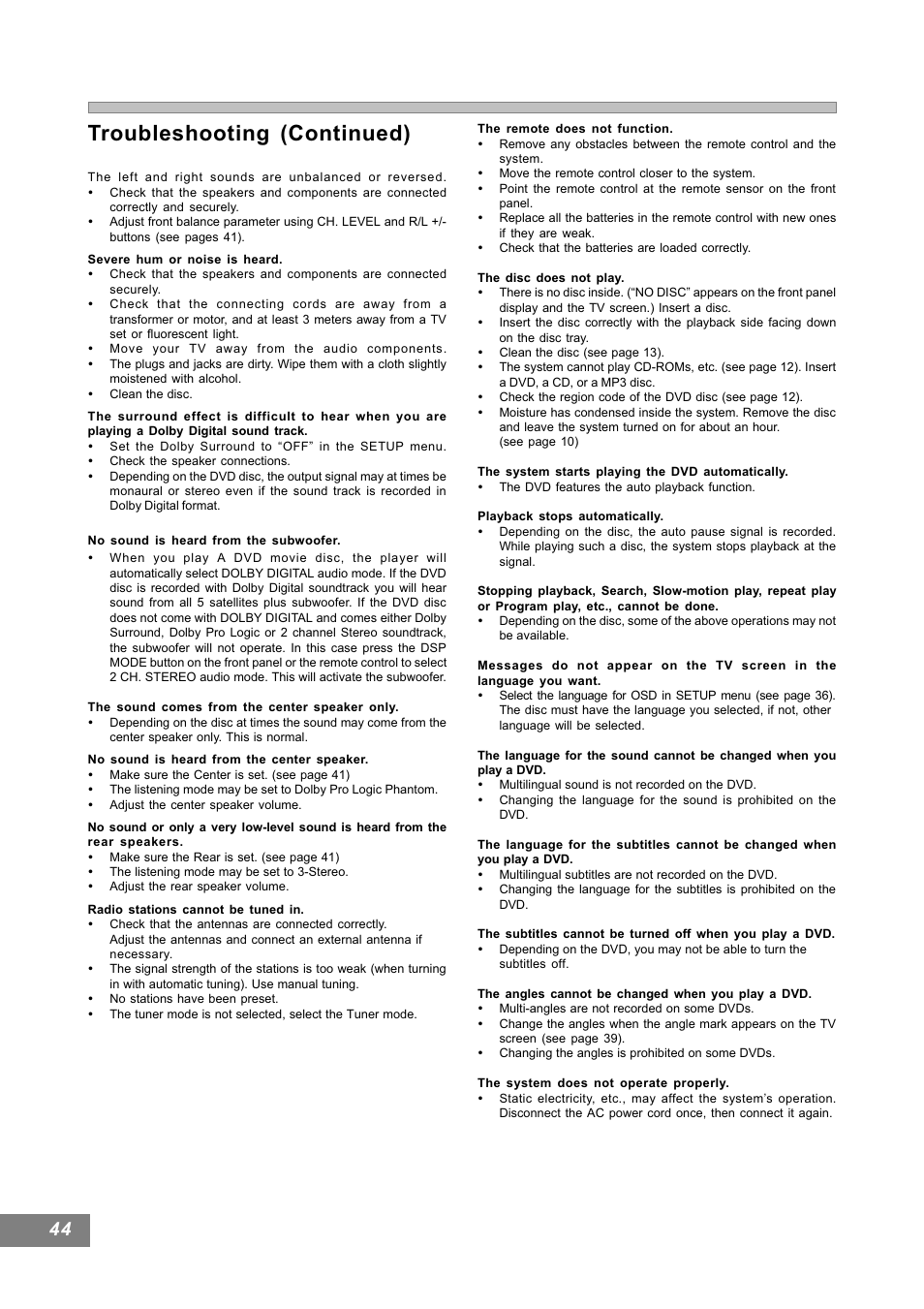 Troubleshooting (continued) | Emerson Radio AV101 User Manual | Page 45 / 50