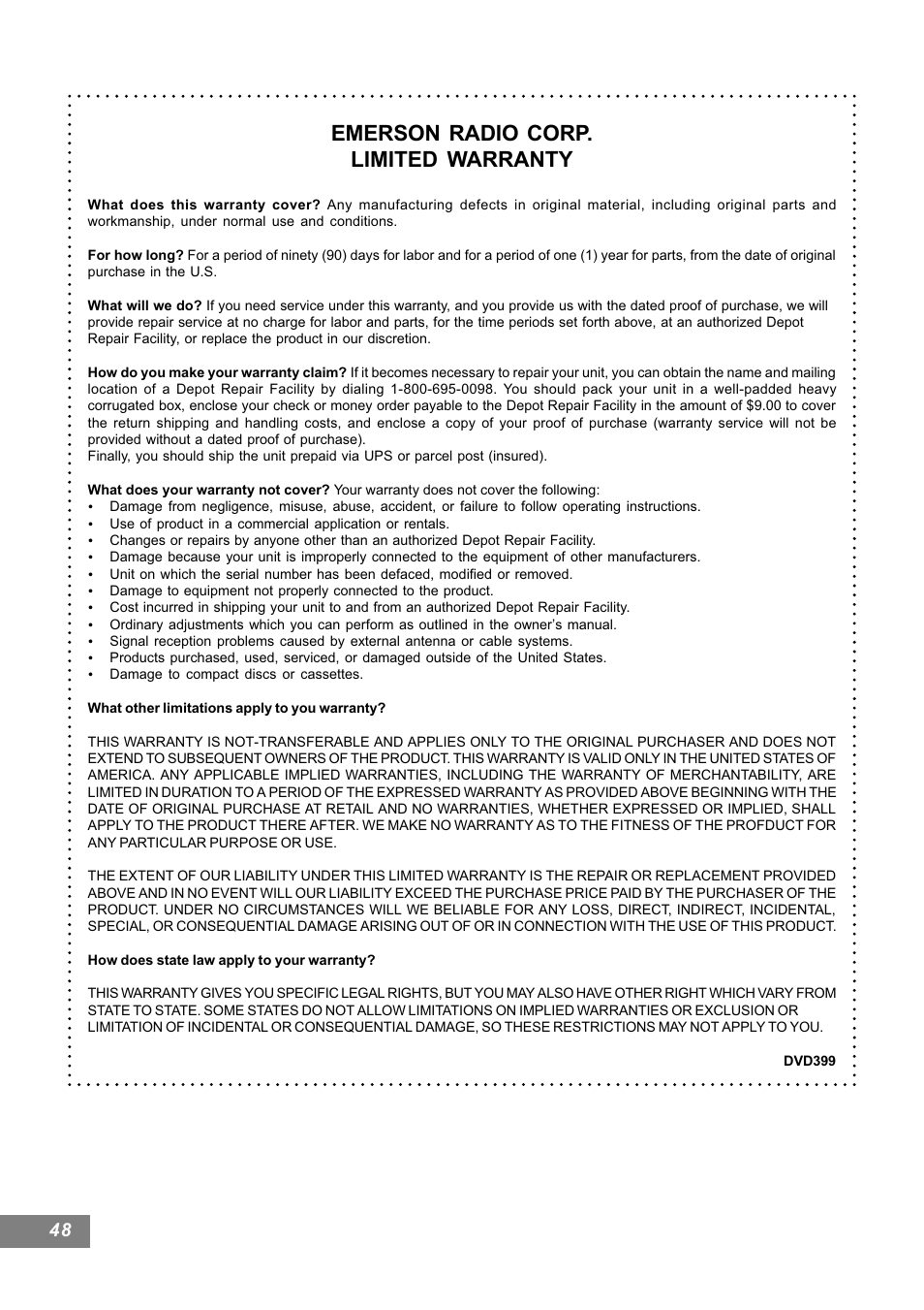 Emerson radio corp. limited warranty | Emerson Radio AV101 User Manual | Page 49 / 50