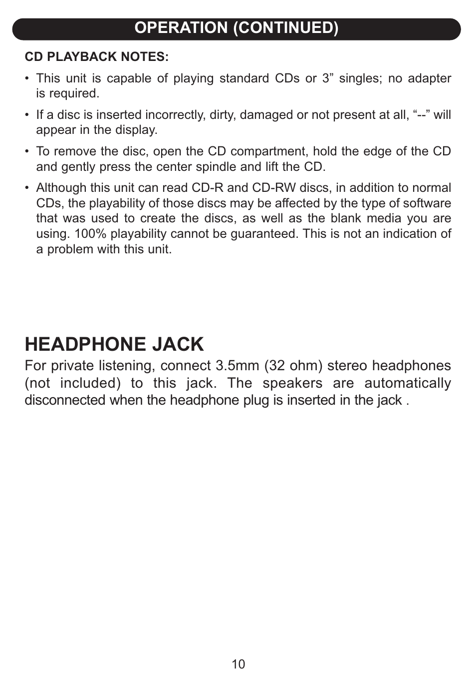 Headphone jack, Operation (continued) | Emerson Radio Barbie BAR504 User Manual | Page 11 / 18