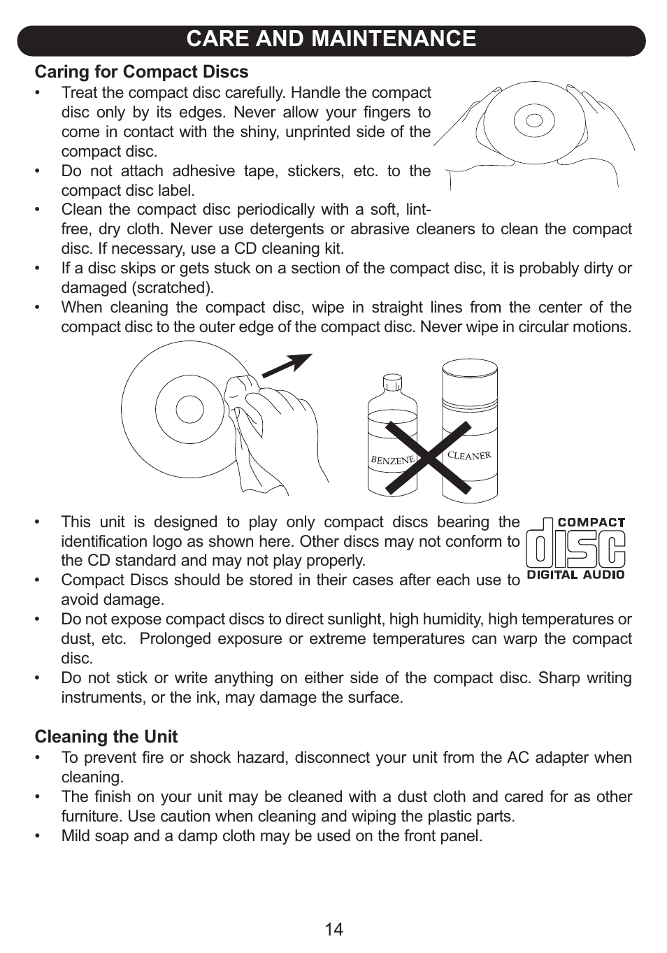 Care and maintenance | Emerson Radio Barbie BAR504 User Manual | Page 15 / 18