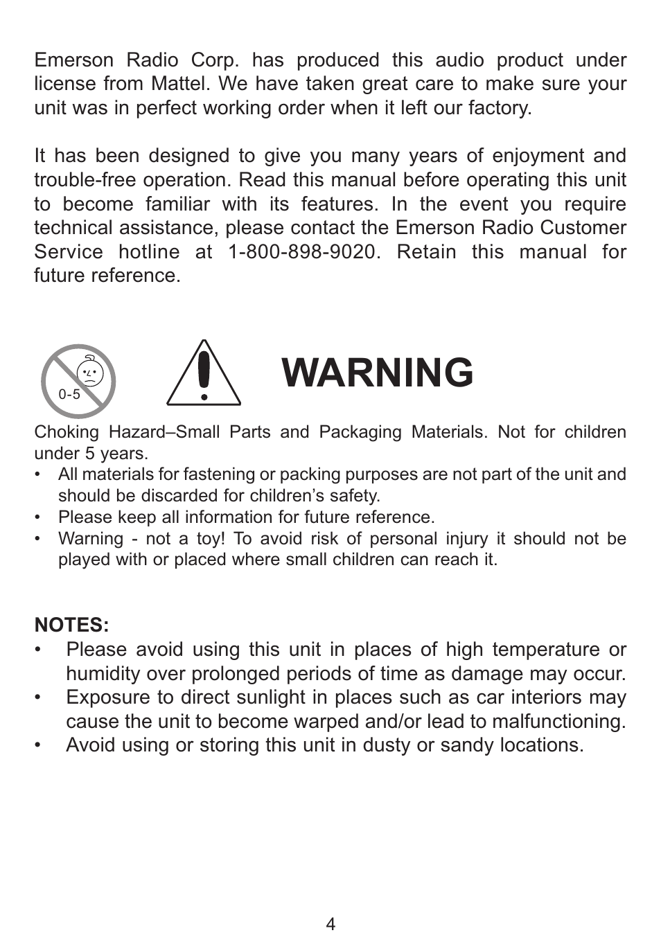 Warning | Emerson Radio Barbie BAR504 User Manual | Page 5 / 18