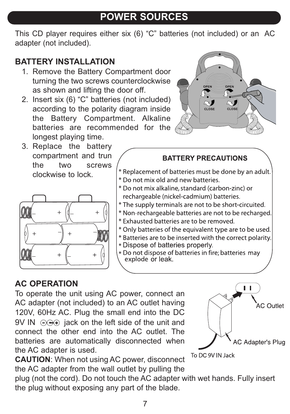 Power sources | Emerson Radio Barbie BAR504 User Manual | Page 8 / 18