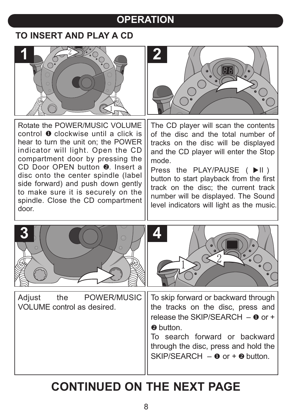 Continued on the next page, Operation | Emerson Radio Barbie BAR504 User Manual | Page 9 / 18