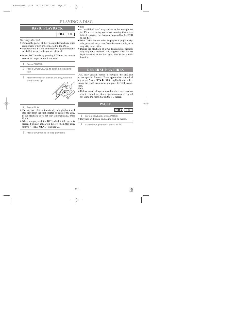 Playing a disc, Basic playback, General features | Pause | Emerson EWD2203 User Manual | Page 22 / 44