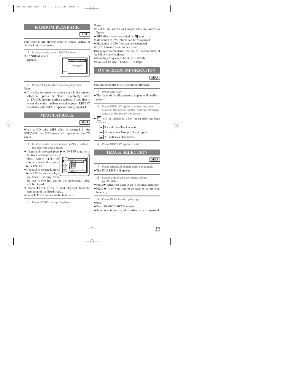 Random playback, Mp3 playback, On-screen information | Track selection | Emerson EWD2203 User Manual | Page 26 / 44