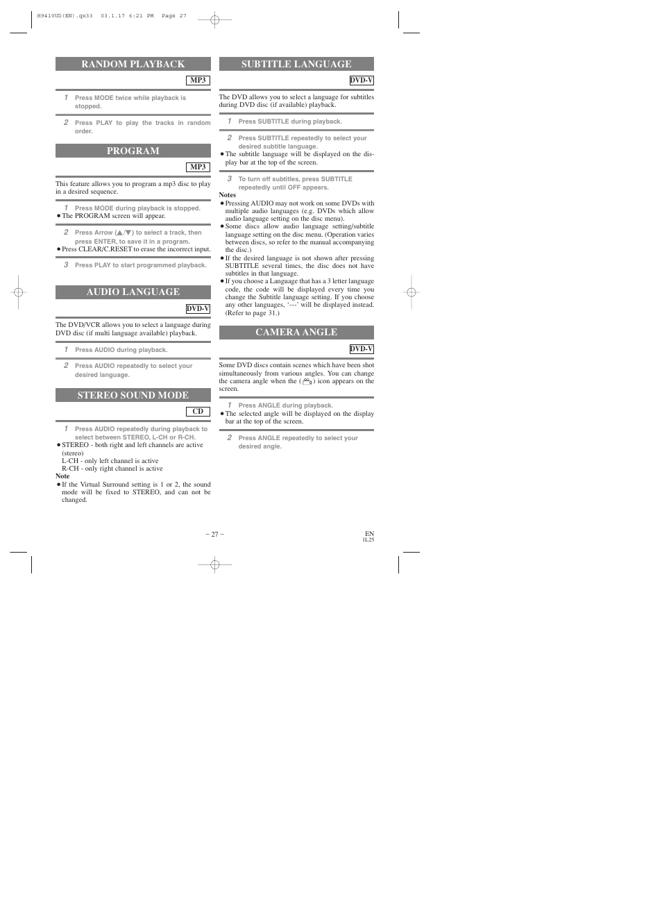 Random playback, Program audio language, Stereo sound mode | Subtitle language camera angle | Emerson EWD2203 User Manual | Page 27 / 44