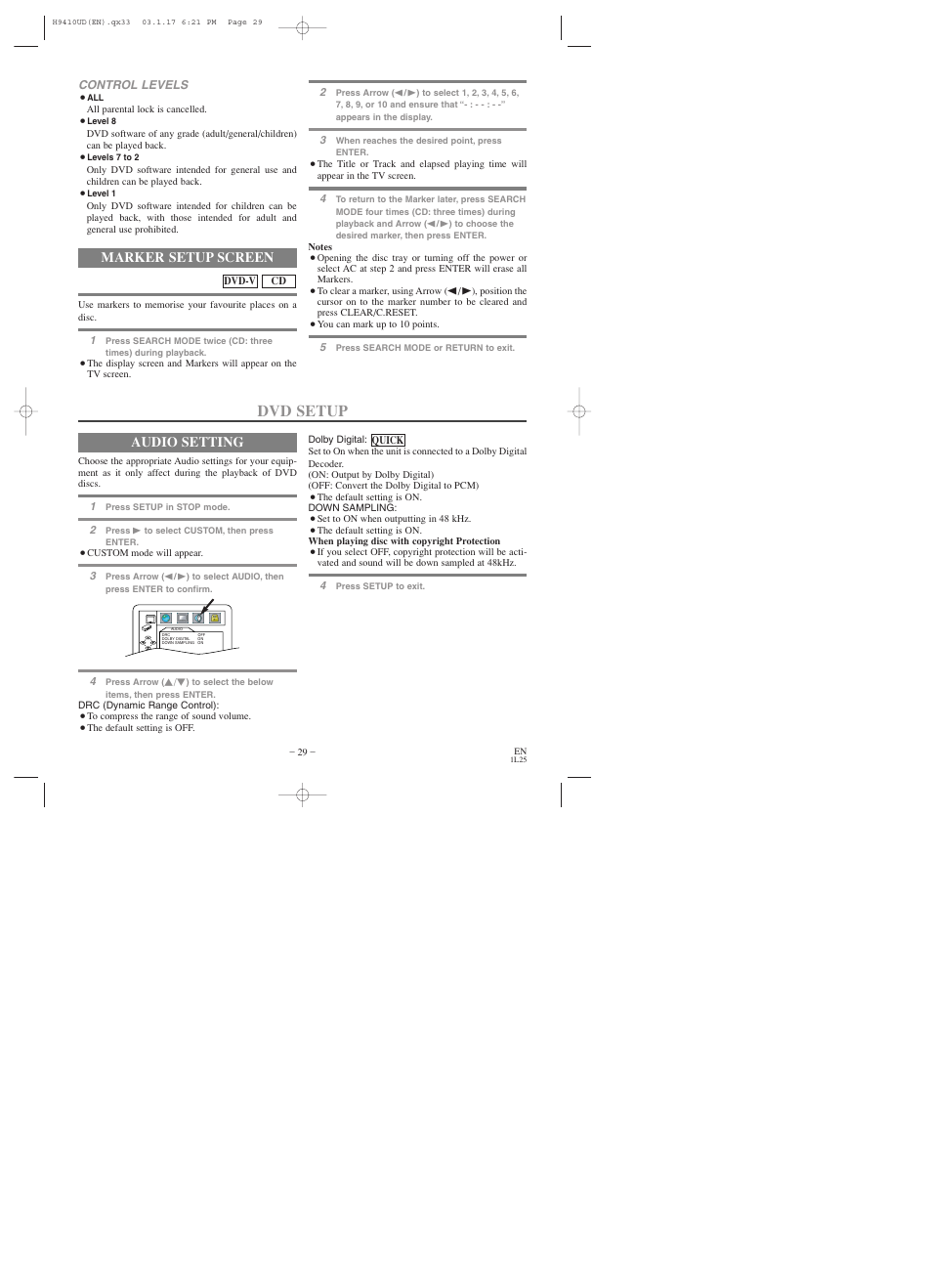 Dvd setup, Marker setup screen, Audio setting | Emerson EWD2203 User Manual | Page 29 / 44