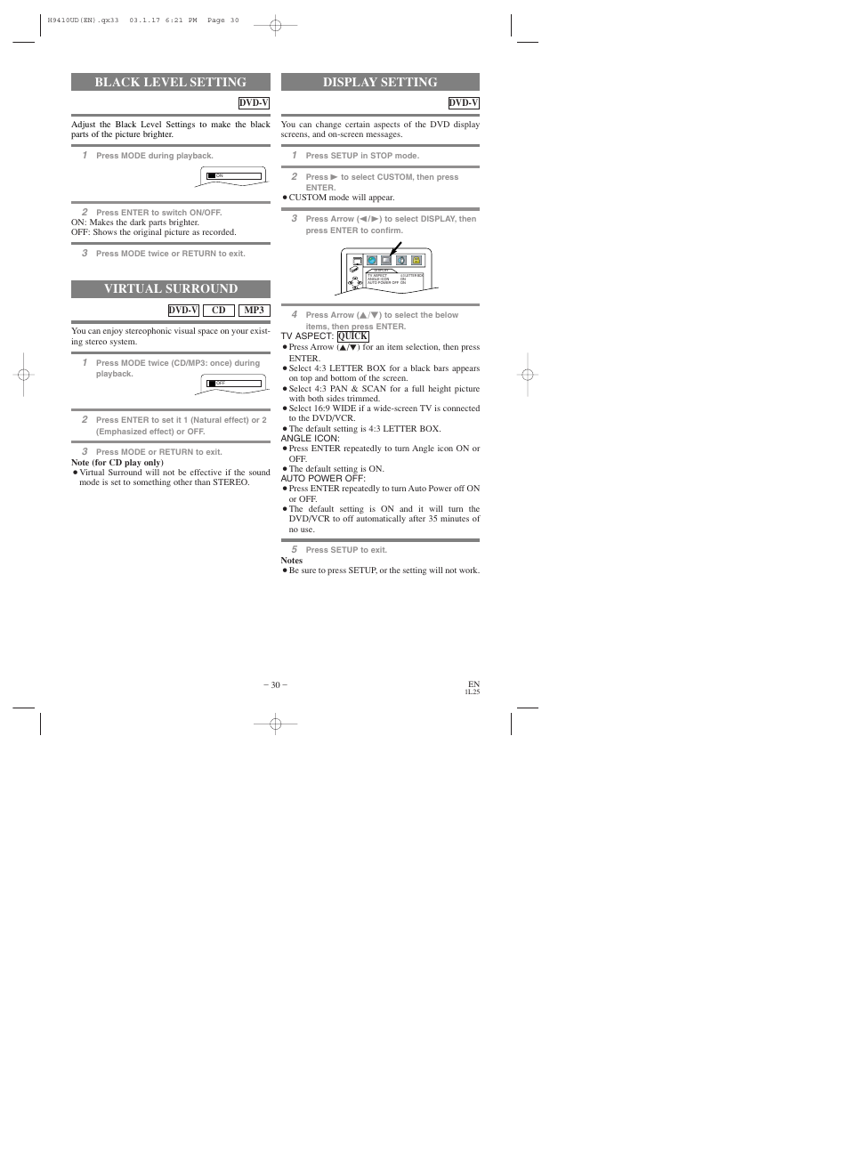 Black level setting, Virtual surround, Display setting | Emerson EWD2203 User Manual | Page 30 / 44