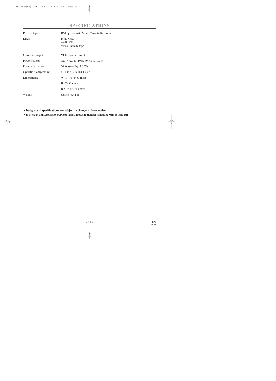 Specifications | Emerson EWD2203 User Manual | Page 34 / 44