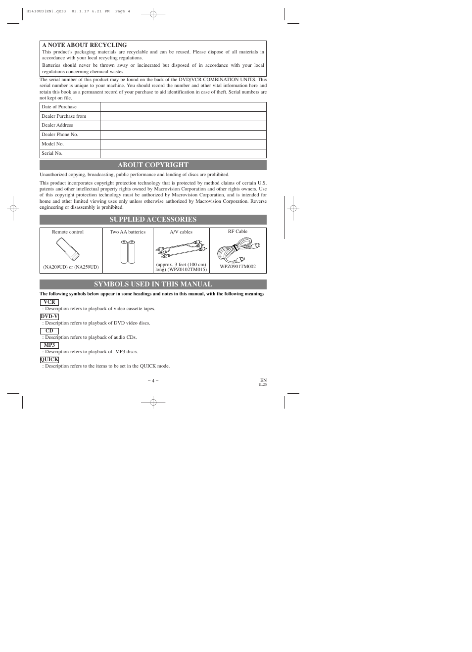 About copyright, Symbols used in this manual, Supplied accessories | Emerson EWD2203 User Manual | Page 4 / 44