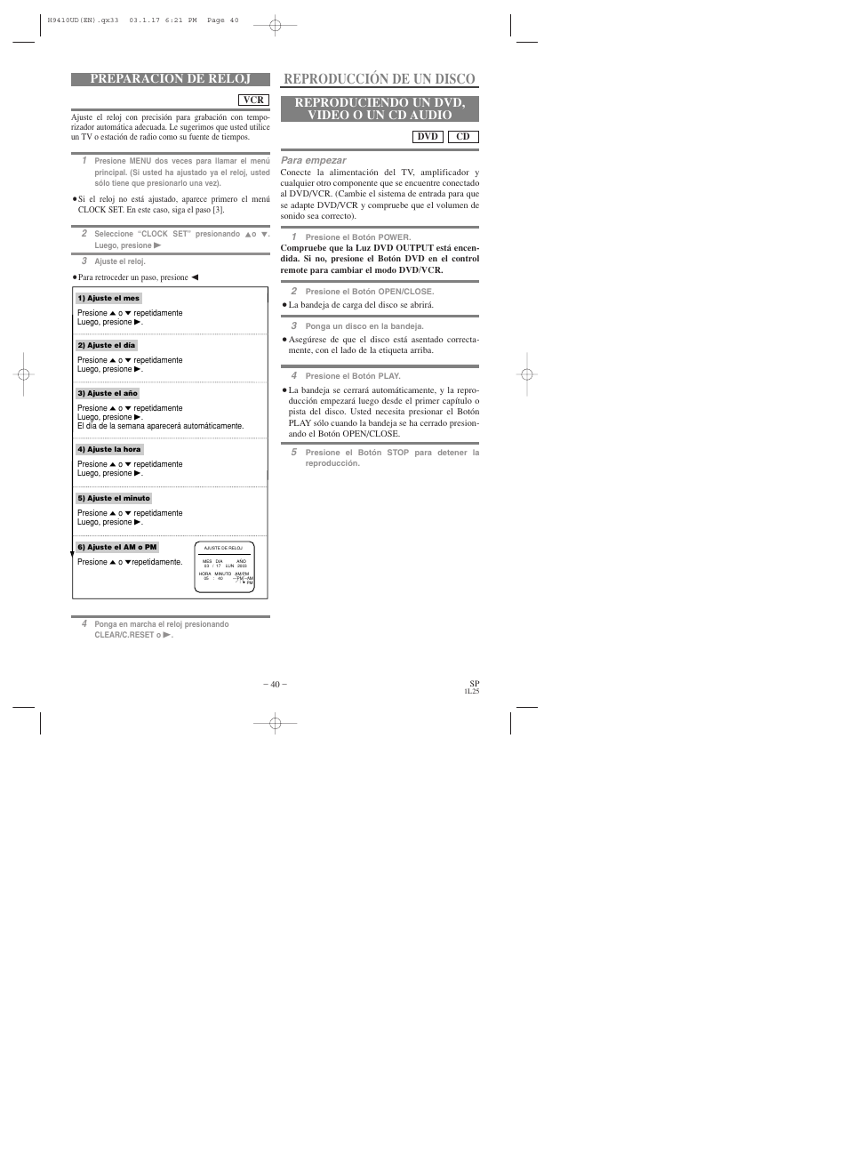 Reproducción de un disco, Preparación de reloj, Reproduciendo un dvd, video o un cd audio | Emerson EWD2203 User Manual | Page 40 / 44