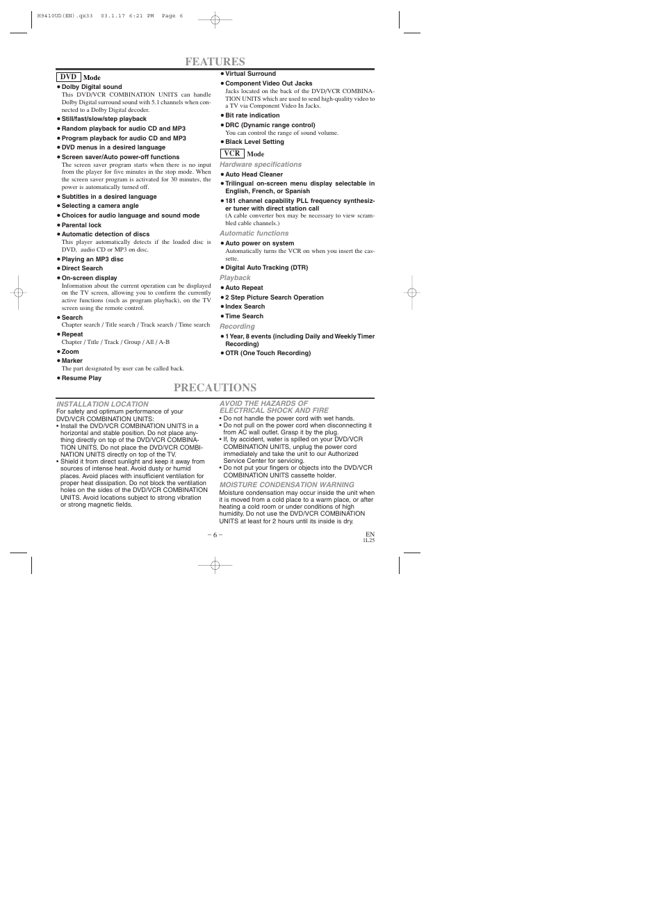 Features, Precautions | Emerson EWD2203 User Manual | Page 6 / 44
