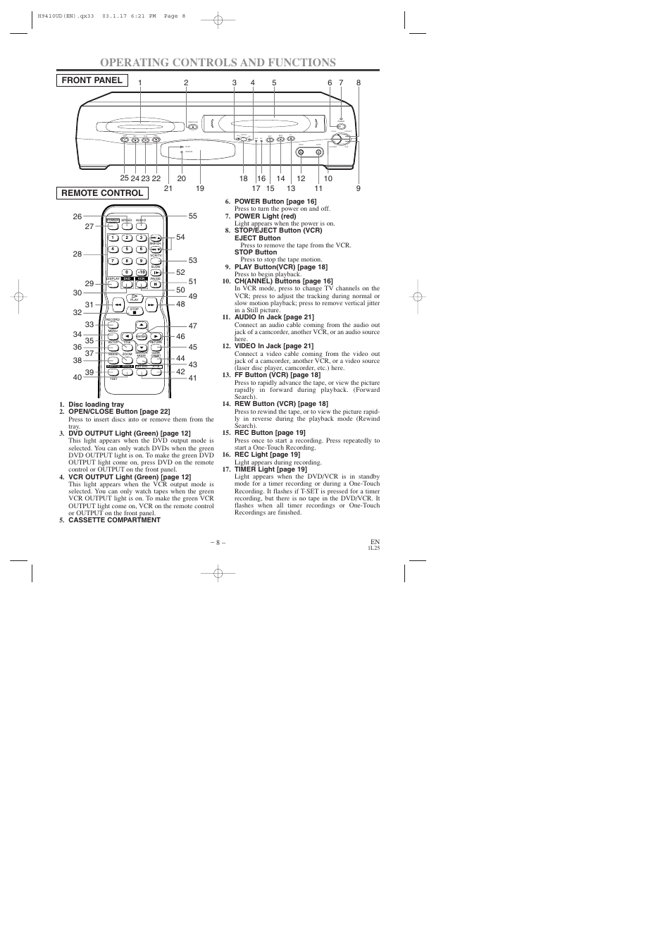 Operating controls and functions, Dvd vcr timer rec, Front panel remote control | Emerson EWD2203 User Manual | Page 8 / 44