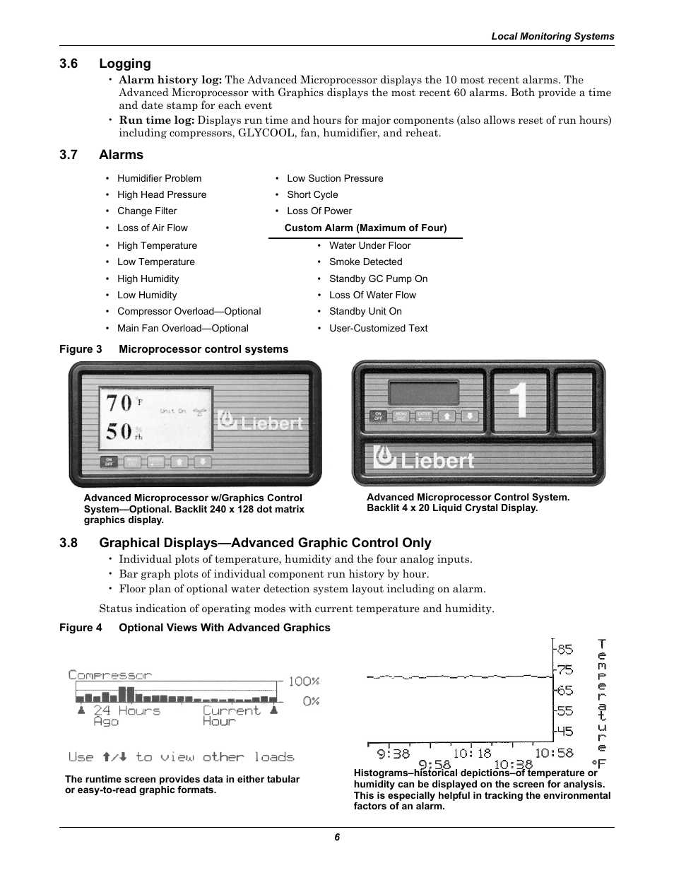 6 logging, 7 alarms, Figure 3 microprocessor control systems | 8 graphical displays-advanced graphic control only, Figure 4 optional views with advanced graphics, Logging, Alarms, Graphical displays—advanced graphic control only, Figure 3, Microprocessor control systems | Emerson Liebert Challenger ITR User Manual | Page 14 / 74