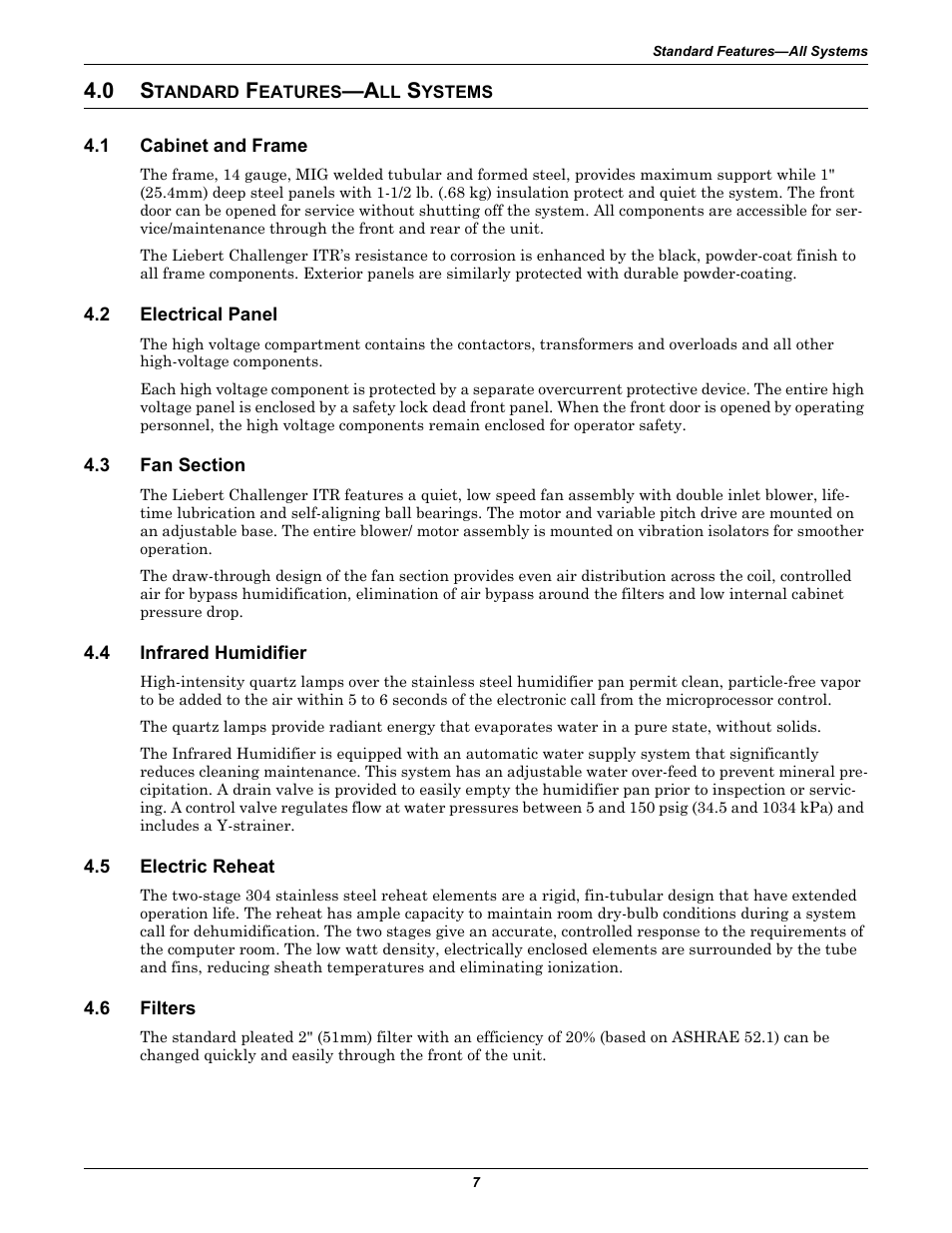 0 standard features-all systems, 1 cabinet and frame, 2 electrical panel | 3 fan section, 4 infrared humidifier, 5 electric reheat, 6 filters, Tandard, Eatures, Ystems | Emerson Liebert Challenger ITR User Manual | Page 15 / 74