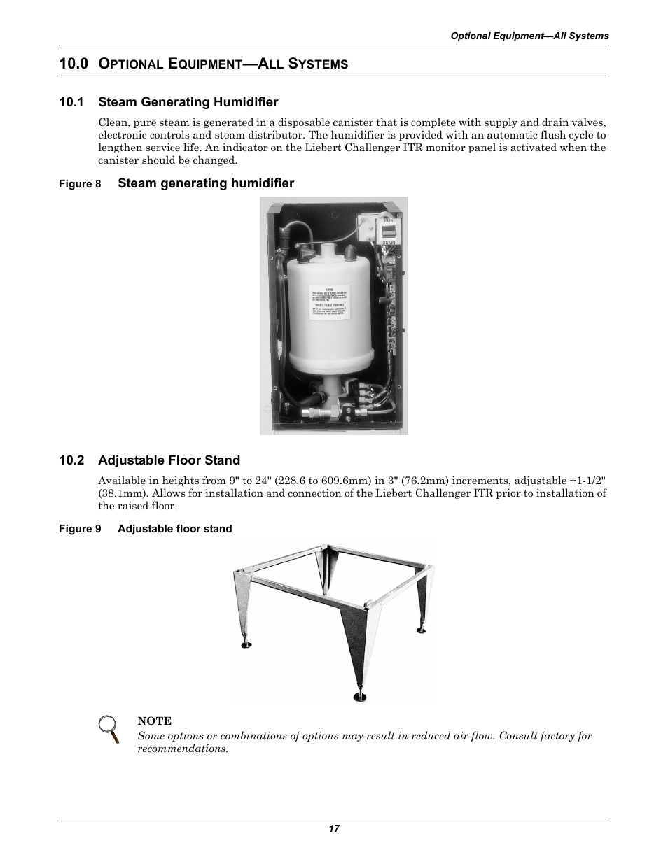 0 optional equipment-all systems, 1 steam generating humidifier, Figure 8 steam generating humidifier | 2 adjustable floor stand, Figure 9 adjustable floor stand, Ptional, Quipment, Ystems, Steam generating humidifier, Adjustable floor stand | Emerson Liebert Challenger ITR User Manual | Page 25 / 74