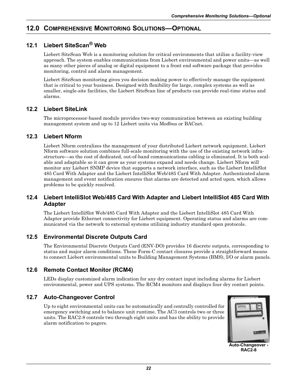 0 comprehensive monitoring solutions-optional, 1 liebert sitescan® web, 2 liebert sitelink | 3 liebert nform, 5 environmental discrete outputs card, 6 remote contact monitor (rcm4), 7 auto-changeover control, Omprehensive, Onitoring, Olutions | Emerson Liebert Challenger ITR User Manual | Page 30 / 74