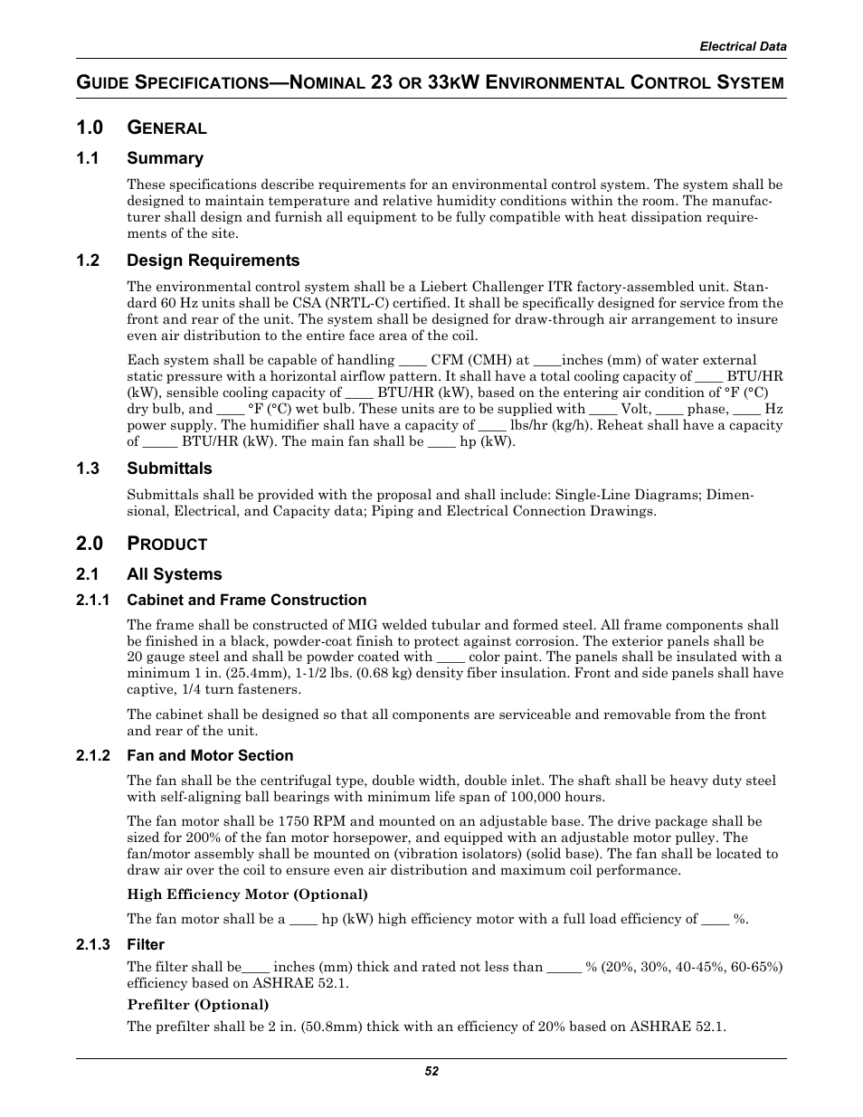 0 general, 0 product, Uide | Pecifications, Ominal, Nvironmental, Ontrol, Ystem, Nside, Ront | Emerson Liebert Challenger ITR User Manual | Page 60 / 74