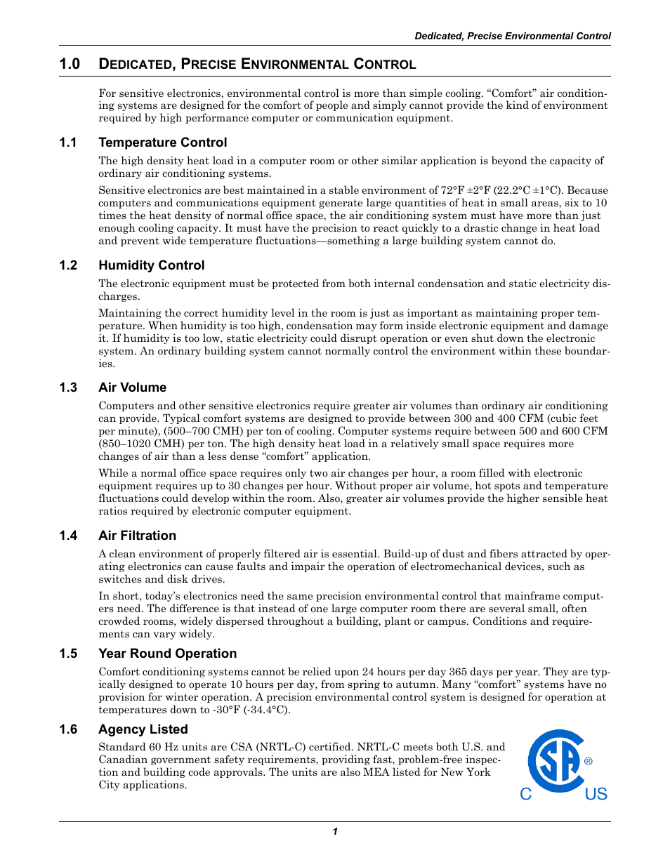 0 dedicated, precise environmental control, 1 temperature control, 2 humidity control | 3 air volume, 4 air filtration, 5 year round operation, 6 agency listed, Edicated, Recise, Nvironmental | Emerson Liebert Challenger ITR User Manual | Page 9 / 74