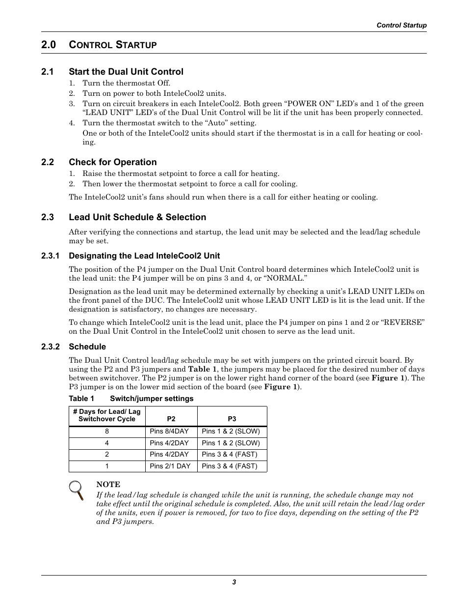 0 control startup, 1 start the dual unit control, 2 check for operation | 3 lead unit schedule & selection, 1 designating the lead intelecool2 unit, 2 schedule, Table 1 switch/jumper settings, Ontrol, Tartup, Start the dual unit control | Emerson Liebert OpenComms SL-19534 User Manual | Page 5 / 8