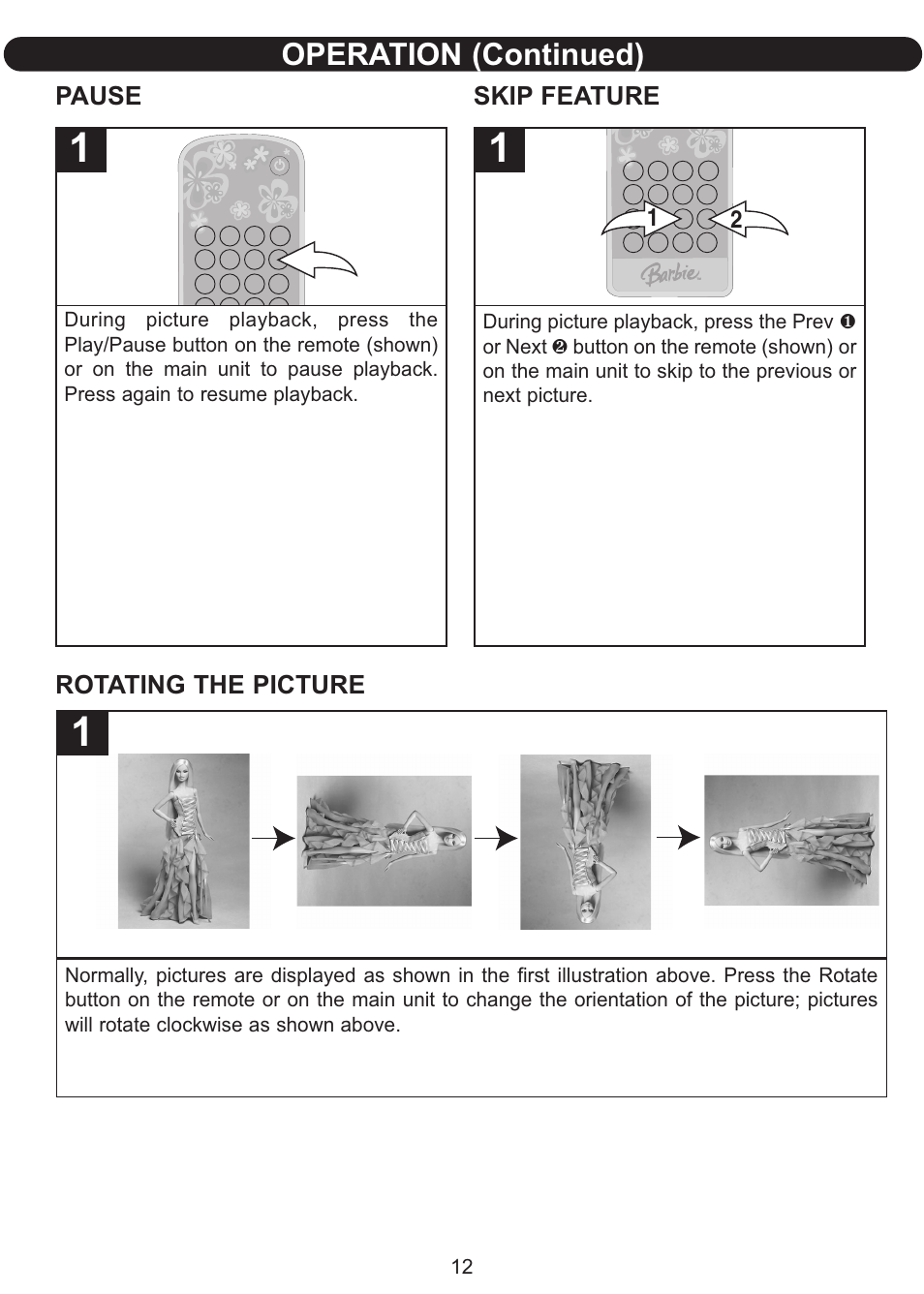 Operation (continued), Pause skip feature, Rotating the picture | Emerson Radio Barbie BAR598 User Manual | Page 13 / 17