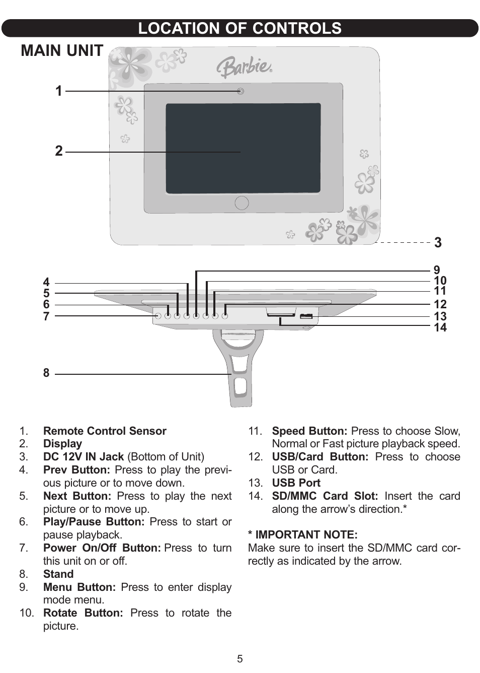 Location of controls, Main unit | Emerson Radio Barbie BAR598 User Manual | Page 6 / 17