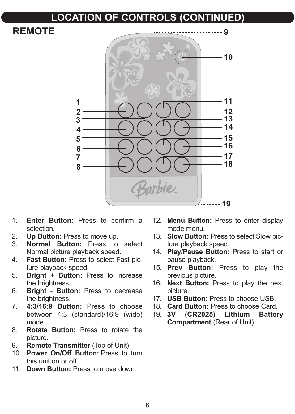 Location of controls (continued), Remote | Emerson Radio Barbie BAR598 User Manual | Page 7 / 17