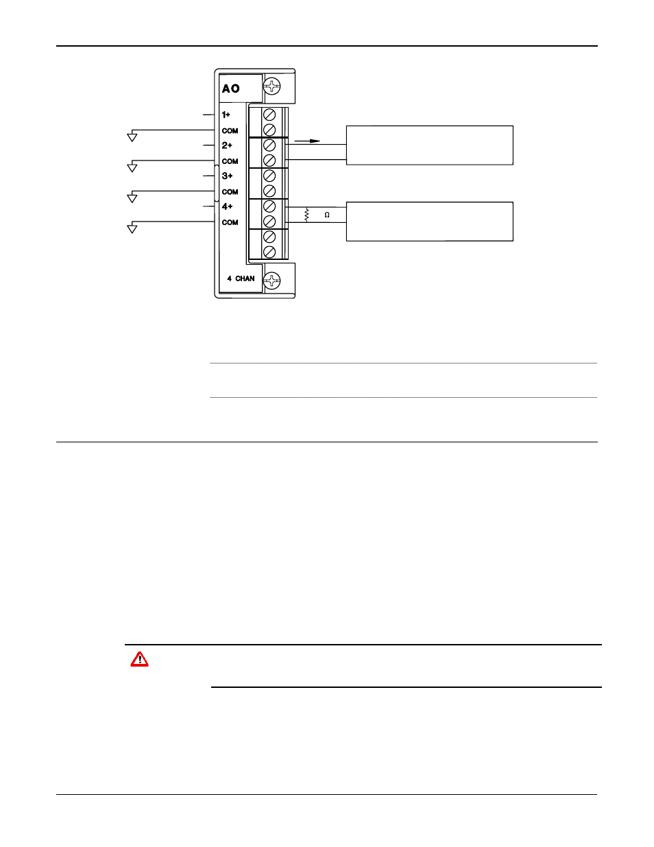 Discrete input modules -9, 5 discrete, Input modules -9 | 5 discrete input modules, Figure 4-7. analog output module field wiring, Caution | Emerson ROC827 User Manual | Page 79 / 140