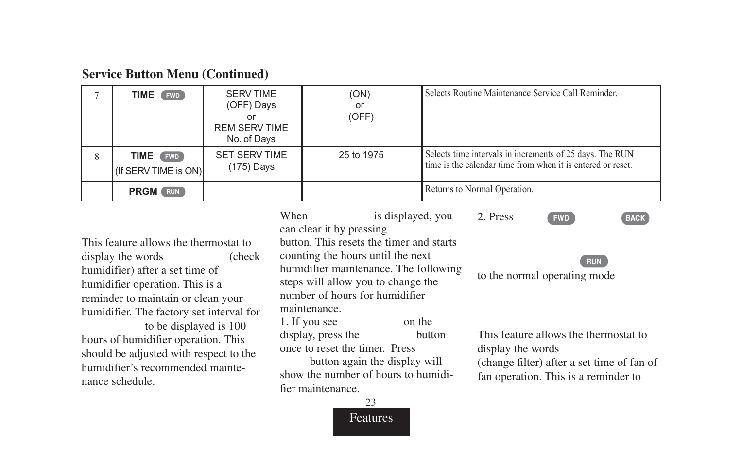 Air filter, Features service button menu (continued) | Emerson 90 SERIES 1F95-391 User Manual | Page 25 / 44