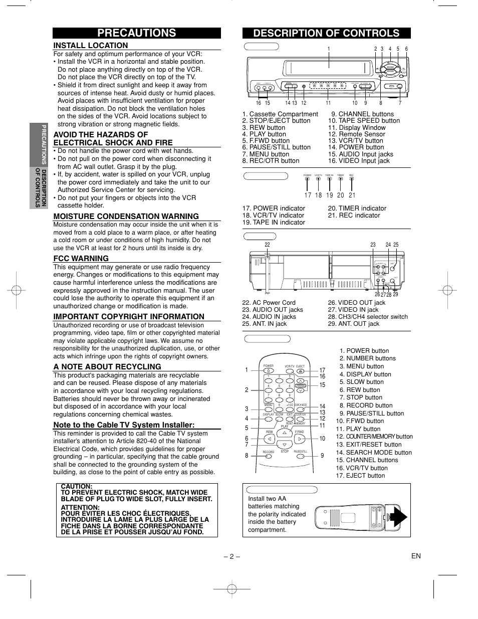 Precautions, Description of controls, Install location | Avoid the hazards of electrical shock and fire, Moisture condensation warning, Fcc warning, Important copyright information, 2 – en | Emerson EWV601B User Manual | Page 2 / 8