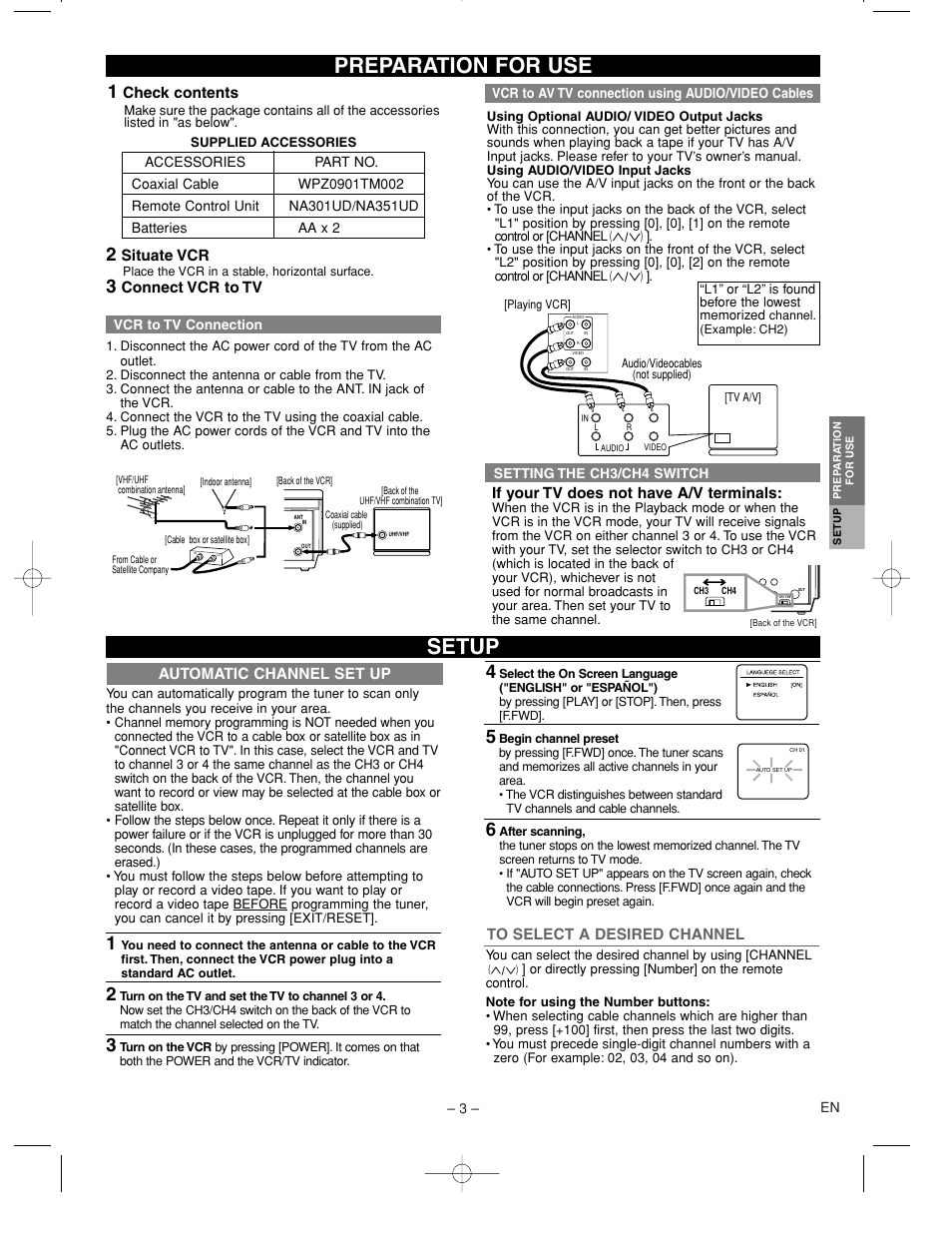 Preparation for use, Setup, Check contents | Situate vcr, Connect vcr to tv, If your tv does not have a/v terminals, Automatic channel set up | Emerson EWV601B User Manual | Page 3 / 8
