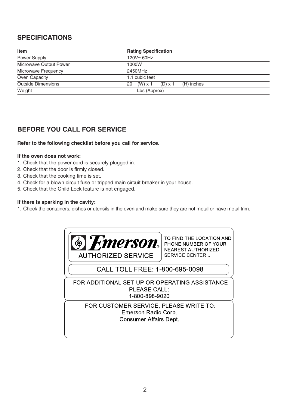 Specifications, Before you call for service | Emerson Radio MW9117B User Manual | Page 28 / 30