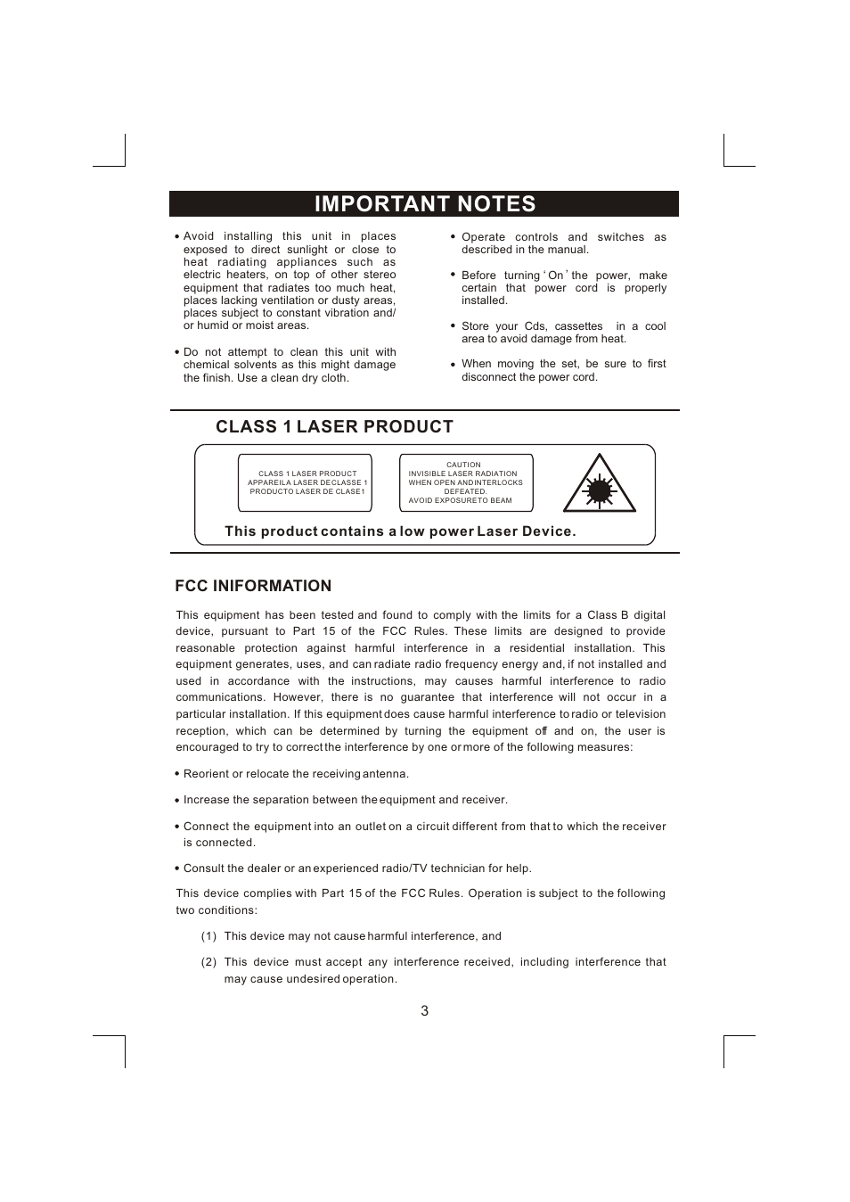 Class 1 laser product, Fcc iniformation | Emerson NR303TTC User Manual | Page 4 / 21