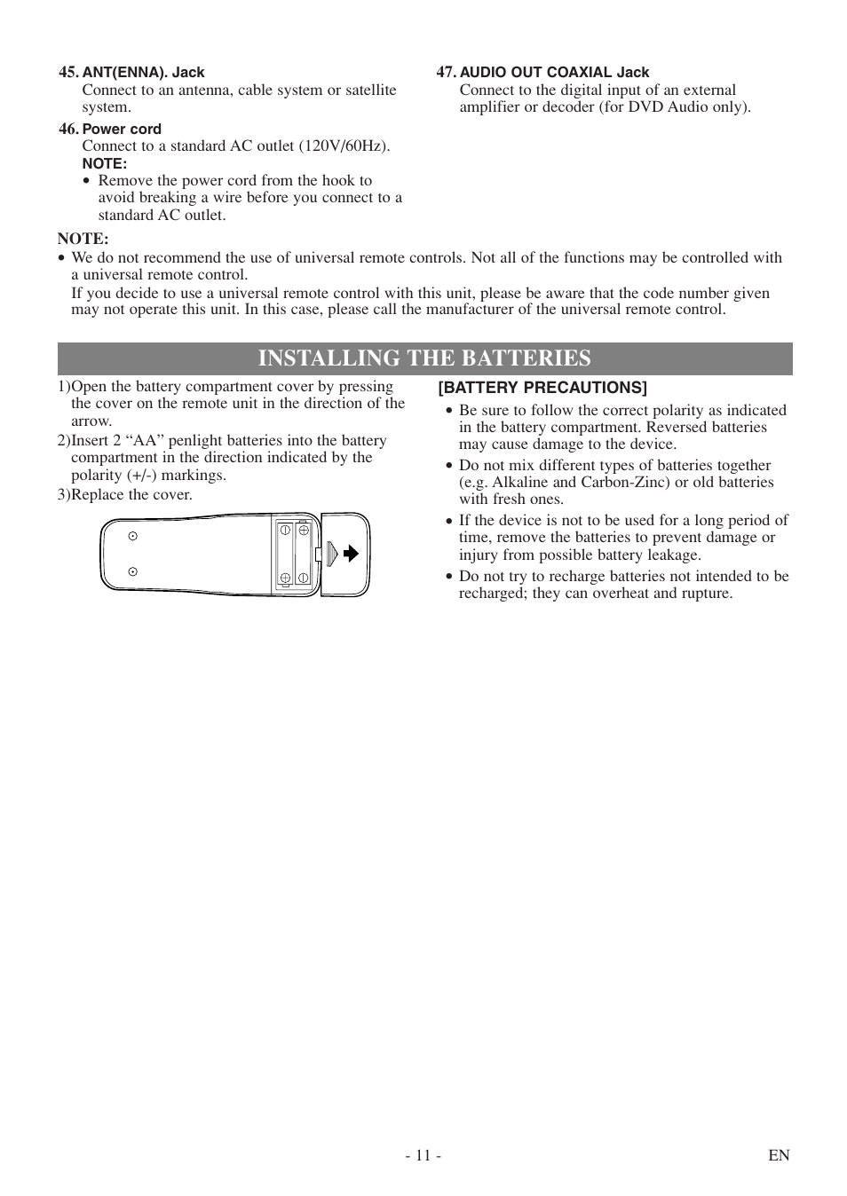 Installing the batteries | Emerson EWC19T5 User Manual | Page 11 / 56