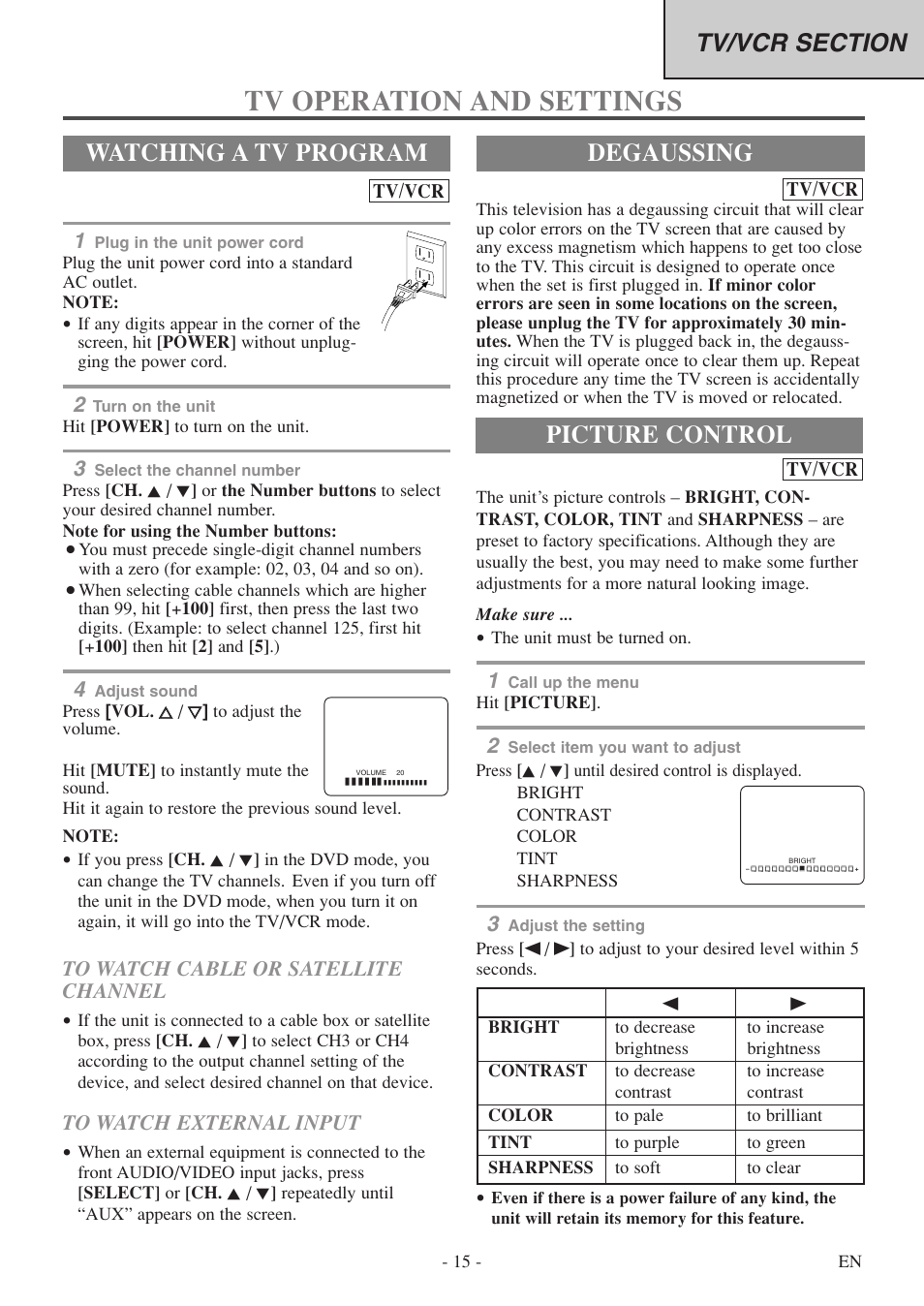 Tv operation and settings, Degaussing, Watching a tv program | Picture control, Tv/vcr | Emerson EWC19T5 User Manual | Page 15 / 56