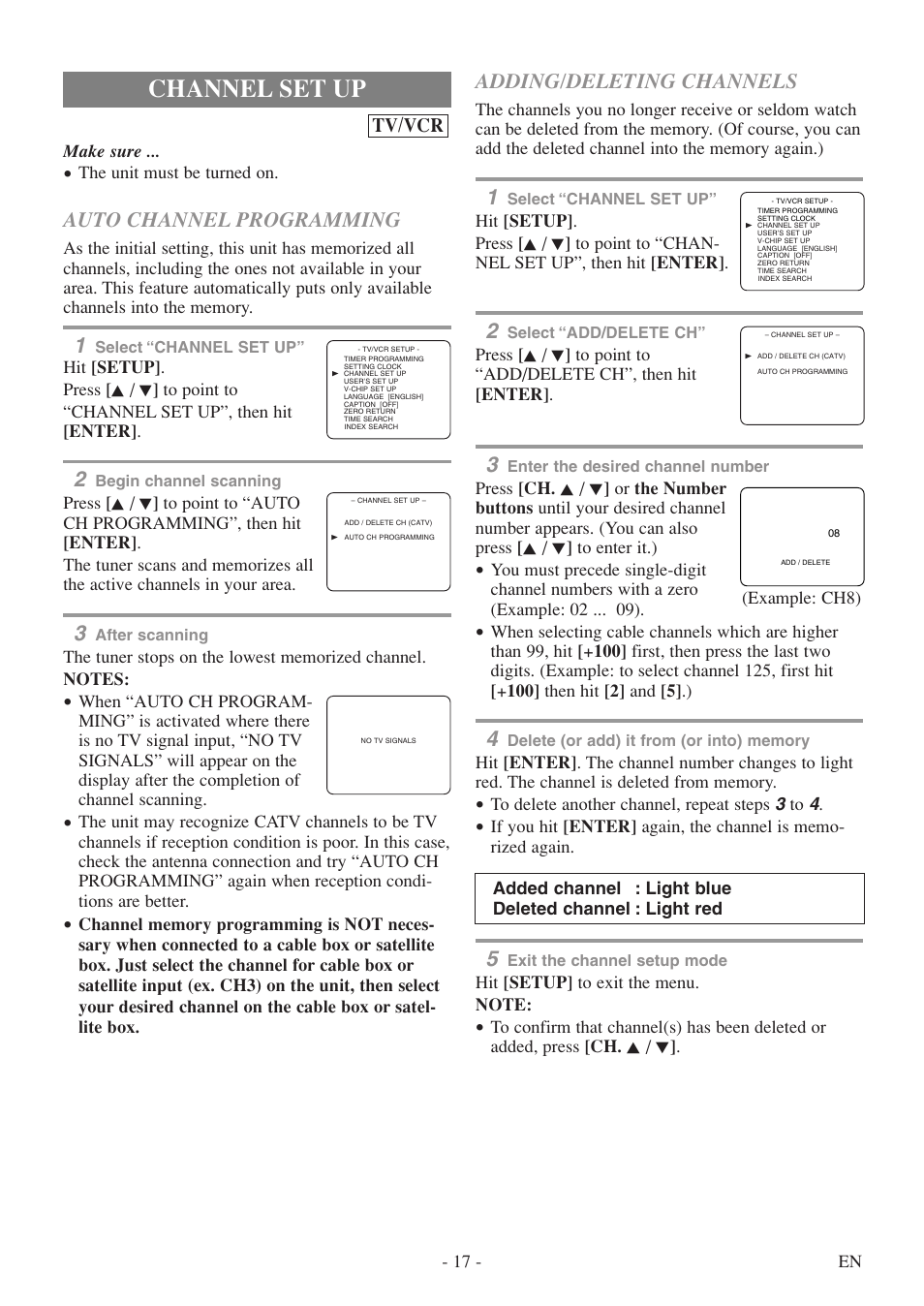 Channel set up, Auto channel programming, Adding/deleting channels | Tv/vcr | Emerson EWC19T5 User Manual | Page 17 / 56