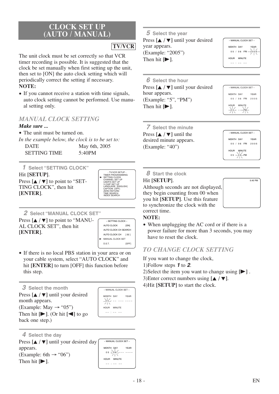 Clock set up (auto / manual), Manual clock setting, Tv/vcr | 18 - en, Make sure, Select the year, Select the hour, Select the minute, Start the clock, Select “setting clock | Emerson EWC19T5 User Manual | Page 18 / 56