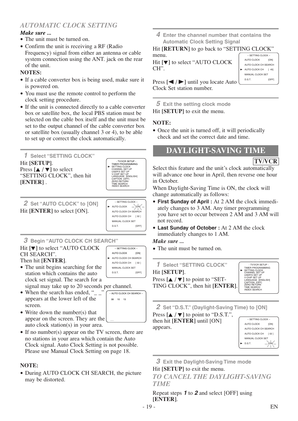 Daylight-saving time, Automatic clock setting, Tv/vcr | 19 - en, The unit must be turned on, Hit [setup] to exit the menu, Repeat steps 1 to 2 and select [off] using [enter, Make sure, Hit [enter] to select [on | Emerson EWC19T5 User Manual | Page 19 / 56